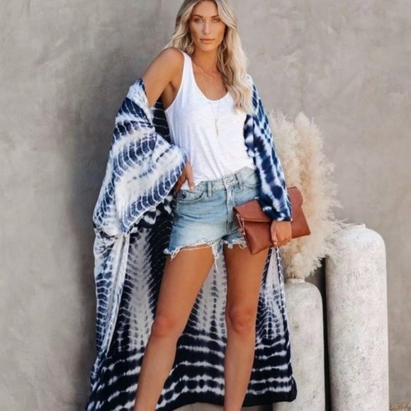 Boho Blue Tie Dye Kimono Duster Coverup - Picture 8 of 13
